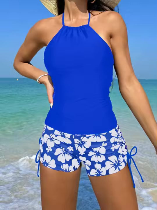 Ropa de playa Tankini traje de baño mujer 2025 conjunto de Bikini traje de baño de mujer de dos piezas sin mangas traje de baño sin espalda Monokini pantalones cortos de playa - 1