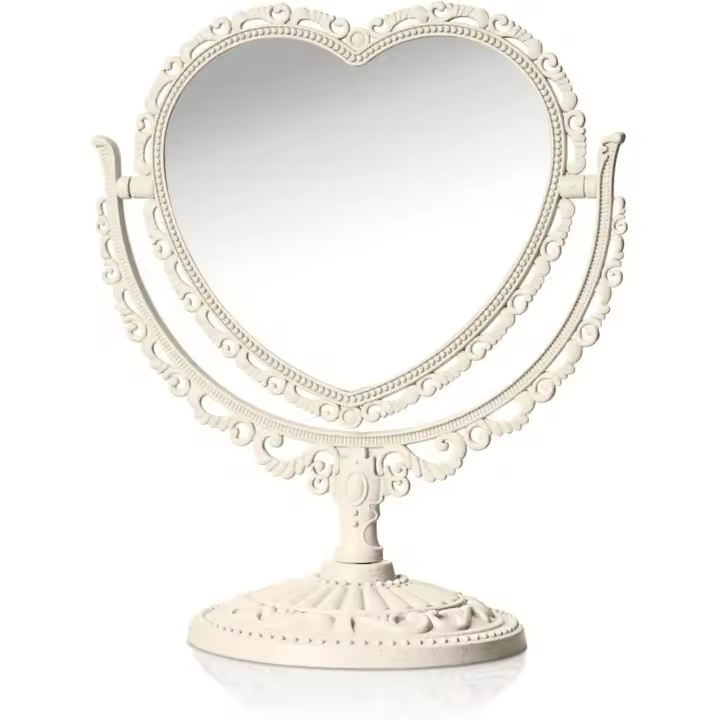 Espejo de tocador giratorio de 360 grados con forma de corazón rosa, espejo estético de doble cara para mesa, escritorio y encimera - 1