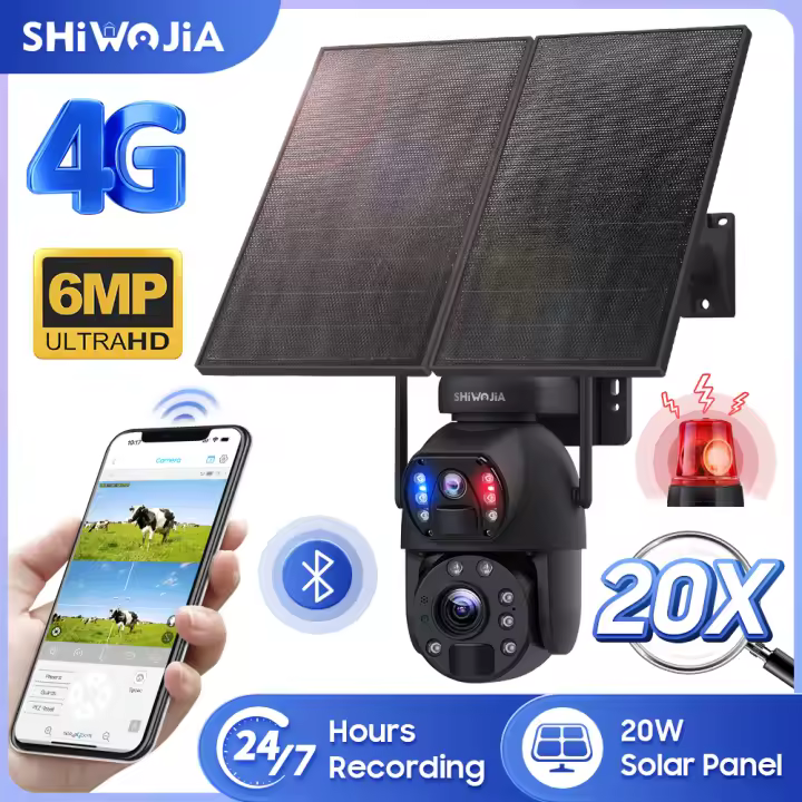 Cámara de Seguridad Solar SHIWOJIA 6MP 4G Panela Energética de 20W Zoom 20X Visión Nocturna - 1