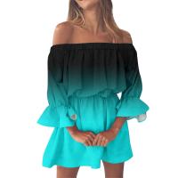 Vestido de Playa Boho con Estampado de Gradiente Hombro Desechado, Cuello de Corte, Mangas Cortas, Borlas para Mujeres Vestido de Verano - details 0