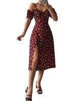 Sexy sin mangas con estampado bandeau y falda del vientre a la pantorrilla para mujer, vestido con tirantes de moda floral dividido - details 7