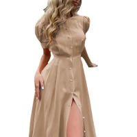 Vestidos largos de color liso para mujer, camisa midi con botones y cuello redondo para el trabajo, la escuela y el uso diario, verano - details 0