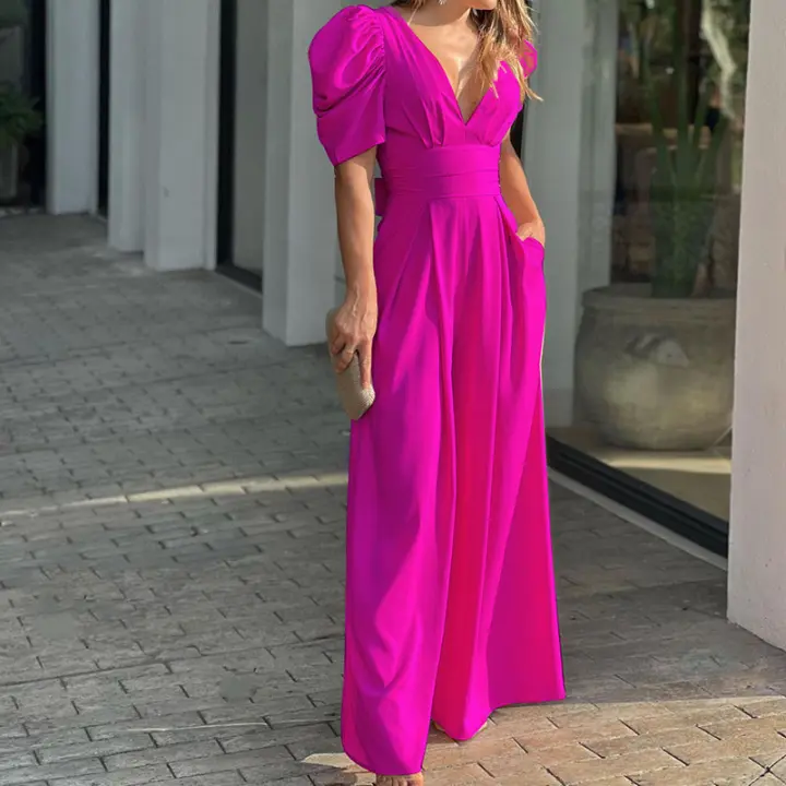 Mono elegante de manga corta para mujer, moda de verano, pierna ancha - 1