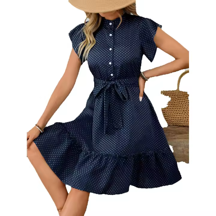 Verano elegante moda punto volantes manga a-line falda Vestido medio con cordones - 1