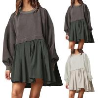 Sudadera informal de otoño con bloques de Color para mujer, Vestido corto holgado de manga larga con cuello redondo, Jersey plisado a la moda, Tops, Vestidos - details 6
