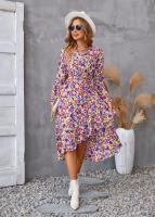 Elegante Vestido Midi de Moda Retro Cuello en V Floral Largo Mango para Mujeres - details 7