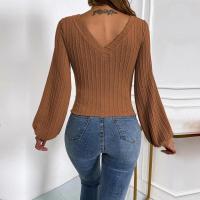 Tops mujer con cuello en V, camiseta manga abombada punto nuevo color caqui para mujer, ropa de moda japonesa. - details 10
