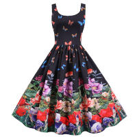 Women vintage spaghetti strap floral print high waist elegant sleeveless a-line party midi dress - details 25