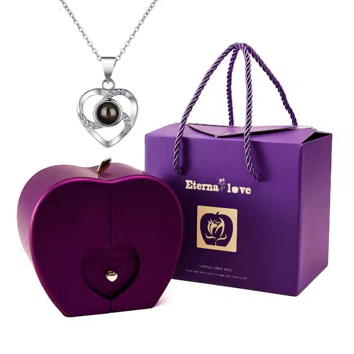 Collar Personalizado de Cobre con Colgante de Proyección 100 Lenguas Caja de Joyería en Forma de Manzana con Rosa Conservada Perfecto para el Día de la Madre - 1