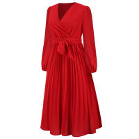 Vestidos largos informales para mujer, cuello en V, manga larga, cintura alta, Maxi, diario, rojo S - details 8