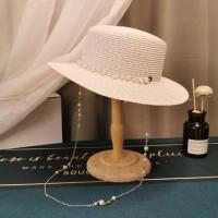 Sombreros de sol planos con cadena de perlas de verano para mujer, sombrero femenino de paja ancho Anti-UV, gorro de playa para niña - details 5