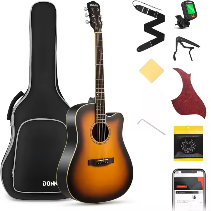Guitarra Acústica de Adulto Guitarra Cutaway 4/4 Kit Dreadnought 41 Pulgadas de Principiante con Cuerde Afinador Cejilla Sunburst - 1