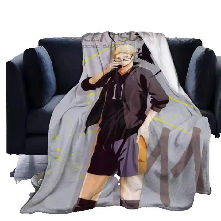Manta de forro polar de varios estilos, edredón de cama ligero, suave y acogedor, decoración para sala de estar, dormitorio de niños (Haikyuu Tsukishima) -X215 - 1