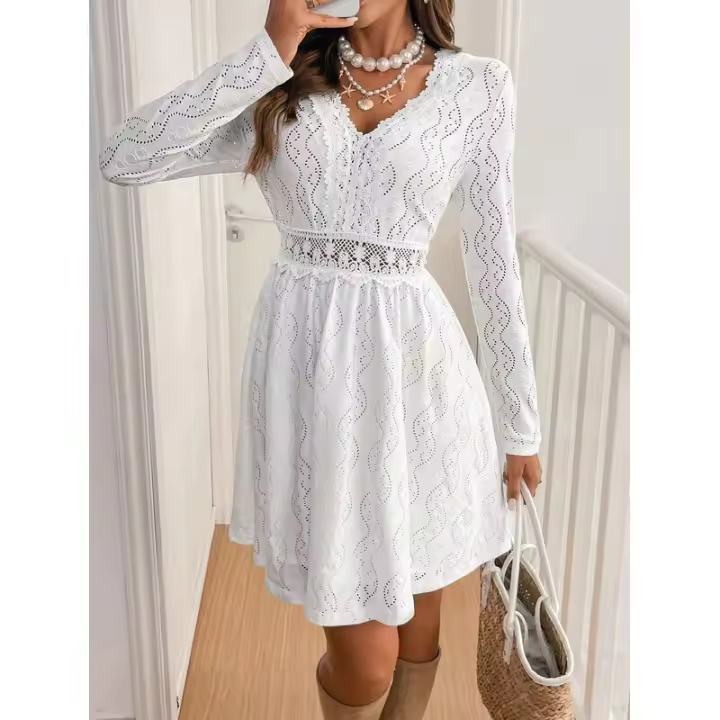 Mini vestido de vacaciones con encaje de color sólido para mujer elegante con vestido de sol festoneado - 1