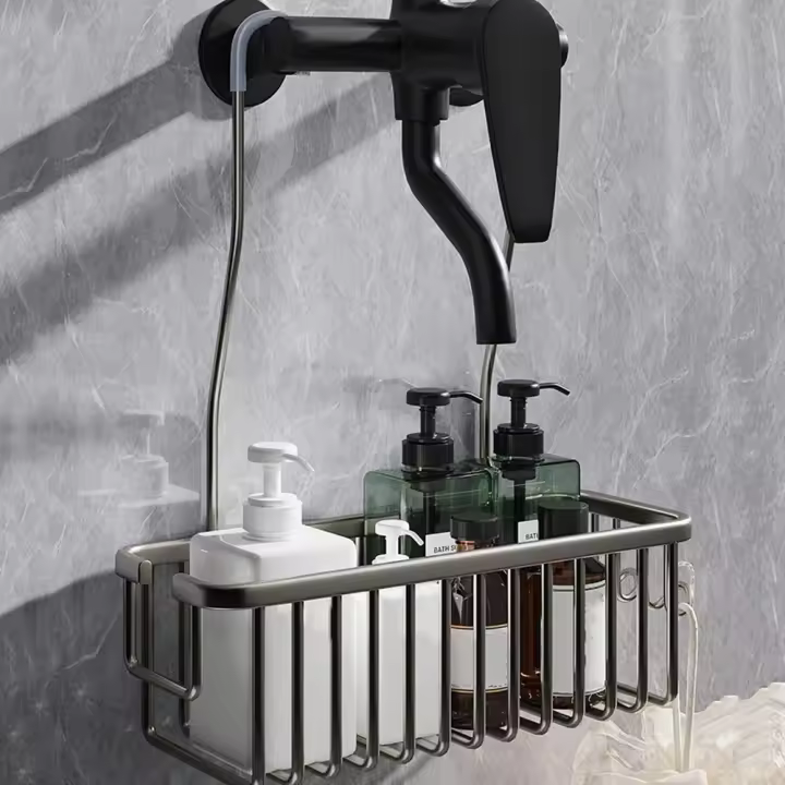 Cesta de ducha colgante plateada/negra/gris, colgador de grifo de aluminio a prueba de herrumbre de gran capacidad con ganchos, estante colgante para baño - 1