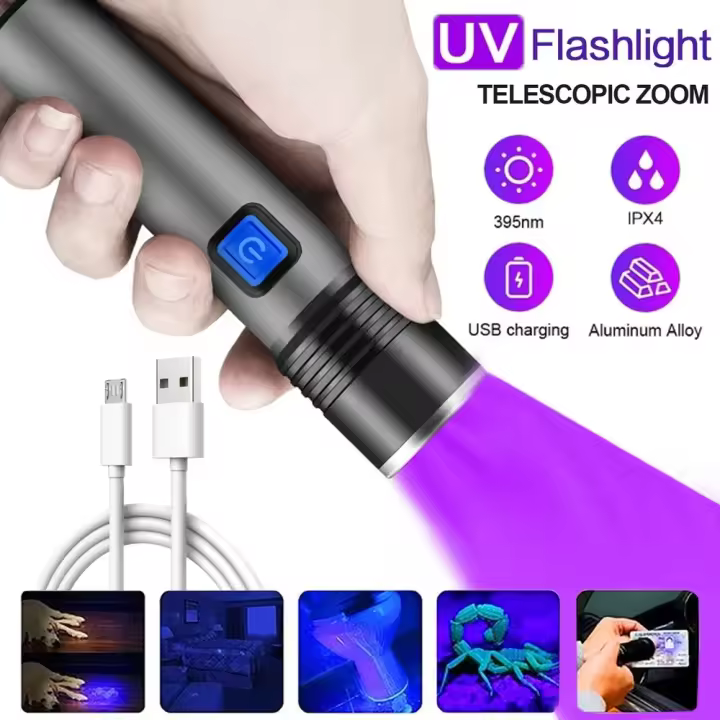 Linterna UV recargable por USB, linterna de luz ultravioleta portátil de aluminio, luz negra, Detector de orina para mascotas, linternas negras - 1