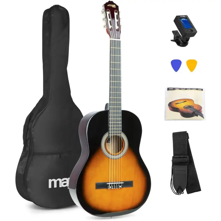 Guitarra Clásica de Nylon Ideal para Principiantes Adultos Flamenca con Funda, Afinador, Púa, Correa y Accesorios Guitarra Española 4/4 en Color Sunburst - 1