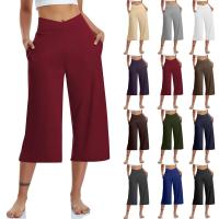 2024 primavera y verano mujeres elástico cintura alta 3/4 pantalón sólido Casual ajuste activo pantalones de pierna Capris anchos pantalones con bolsillos - details 14