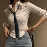 2025 camisas coreanas elegantes para mujer, ropa de calle a la moda, blusa ajustada para mujer, Tops cortos sexys informales de oficina Y2K para primavera, novedad - details 8