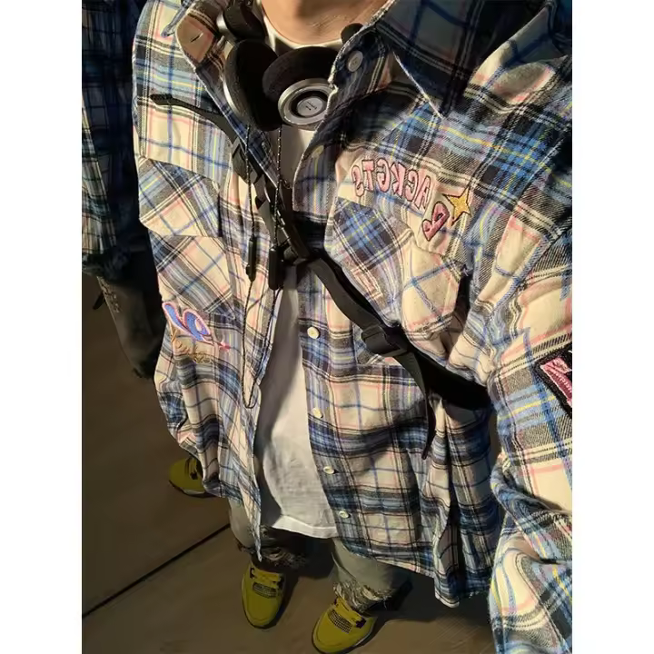 Camisa a Cuadros Retro Vintage de Estilo Japonés Algodón Suelto Preppy para Hombres y Mujeres - 1