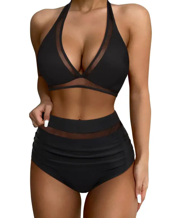 Conjunto de Bikini de Cintura Alta Traje de Baño Negro Ajustable para Mujeres Control de Barriga - 1