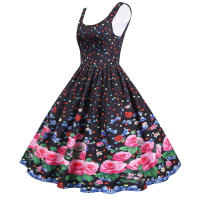 Women vintage spaghetti strap floral print high waist elegant sleeveless a-line party midi dress - details 10
