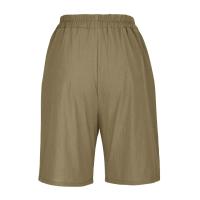 Pantalones Cortos de Lino y Algodón para Mujer Color Sólido, Cintura Suelta, Bolsillo, Botón, Moda Casual - details 42