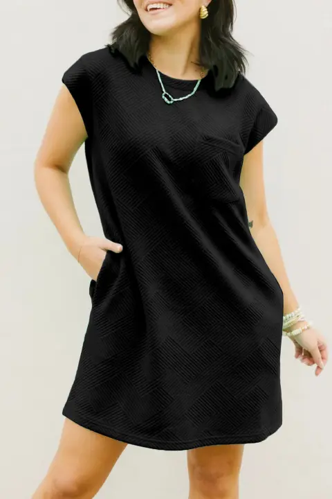 Elrachen Vestido tipo camiseta con manga casquillo texturizado para mujer, negro, tallas S-XL - 1