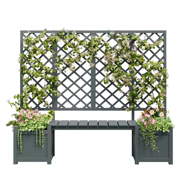 Jardinera, jardinera con espaldera como ayuda para trepar, jardinera con mucho espacio, jardinera jardinera, abeto de madera maciza marrón, jardinera con espaldera y asiento para jardín patio terraza - 1