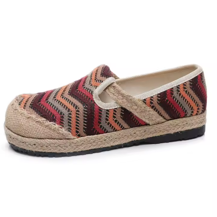 Zapatos de cáñamo de estilo étnico, de tela, de suela plana y lino bordado, transpirables y clásicos, para mujer, antideslizantes para interiores y exteriores, 2025 - 1