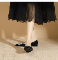 Zapatos de tacón bajo con punta en punta y diamantes de imitación negros de alta gama - details 9