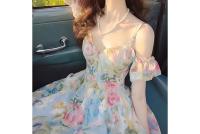 Exquisito vestido con hombros descubiertos estampado de alta gama con un temperamento femenino, cintura ceñida y dulce leche de súper hada - details 2
