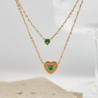 Collar vintage de corazón de esmeralda de doble capa – Cadena de clavícula de acero inoxidable francés chic para mujer - details 0