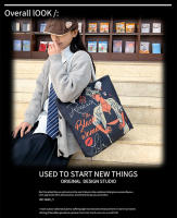 Nueva bolsa de mano bolsa de playa Bart pintado pintura bolsa de dibujos animados lino bolsa de lona de gran capacidad negro hermosa mujer - details 1