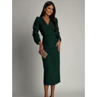 Noche elegante y bonita con cuello en V para mujer, vestidos divididos de color sólido, nueva moda, vestido de manga larga - details 4