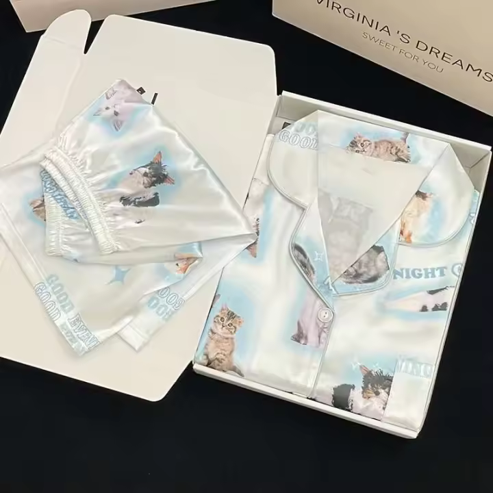 Decoración de satén para niñas Kawaii, hermosos estampados de gatos largos y cortos a la moda, novedad de verano, ropa de dormir exquisita para mujeres, seda - 1
