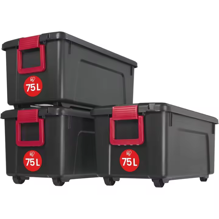 juego de 3 cajas de almacenamiento grandes para bricolaje, 75 L, con cierre a presión, apilable, garaje, Negro - 1