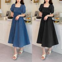 Vestido de verano para mujer, fruncido plisado, cuello cuadrado, manga corta, manga de burbuja, vestido de mujer de Color sólido, vestido Midi con dobladillo suelto - details 1