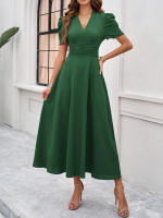 Primavera Verano elegante cintura con cuello en V Color sólido vestido de manga corta moda mujer - details 3