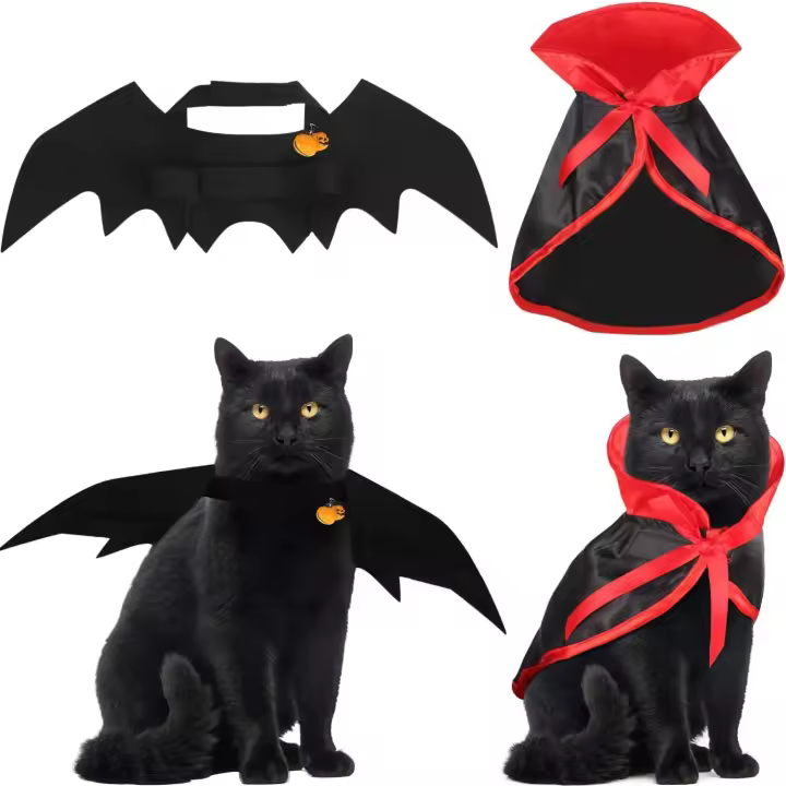 Gato de disfraz de Halloween, capa de gato, disfraz de murciélago con campanas de calabaza, disfraz de Mascota de Halloween, 4 piezas - 1