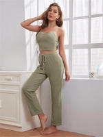 Conjunto de pijama de tres piezas para mujer, artículos para el hogar, top con tirantes de punto de oblea, pantalones largos, t, 2024 - details 7