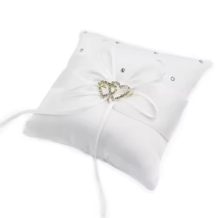 Almohada romántica para anillo de boda, almohada cuadrada con diamantes de imitación brillantes, portador de anillo de doble corazón, cojín con cinta con lazo europeo - 1