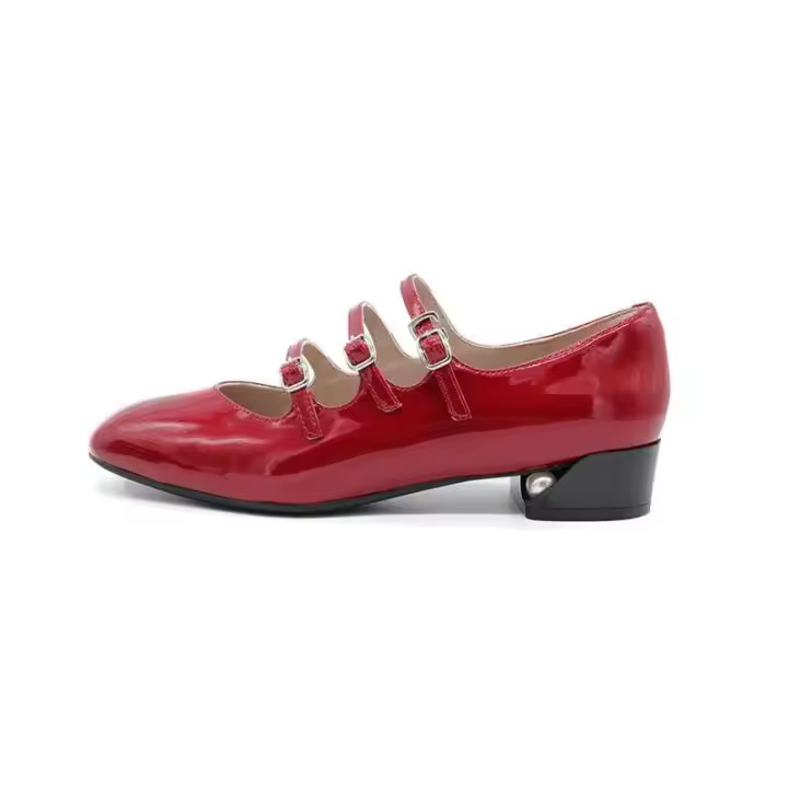2024 tacones altos de mujer rojos Mary Jane de sección media de charol de tres botones - 1