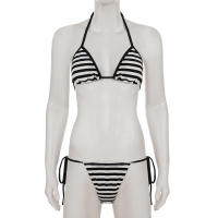 Conjunto de dos piezas de bikini a rayas sexy estilo vacacional americano Lianlianbuwang, top halter y shorts para chica atractiva - details 18
