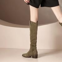 Botas Largas para Mujer de Moda con Tacón Grueso Diseño V-Cut Color Sólido Estilo Vaquero Botas Altas Hasta La Rodilla Holgadas - details 3