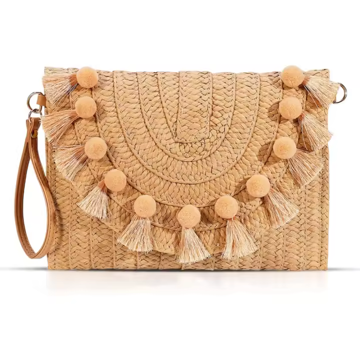 Bolso cruzado de paja mujer - tejido artesanal bohemio con borlas. Estilo playero versátil, en tono caqui natural - 1