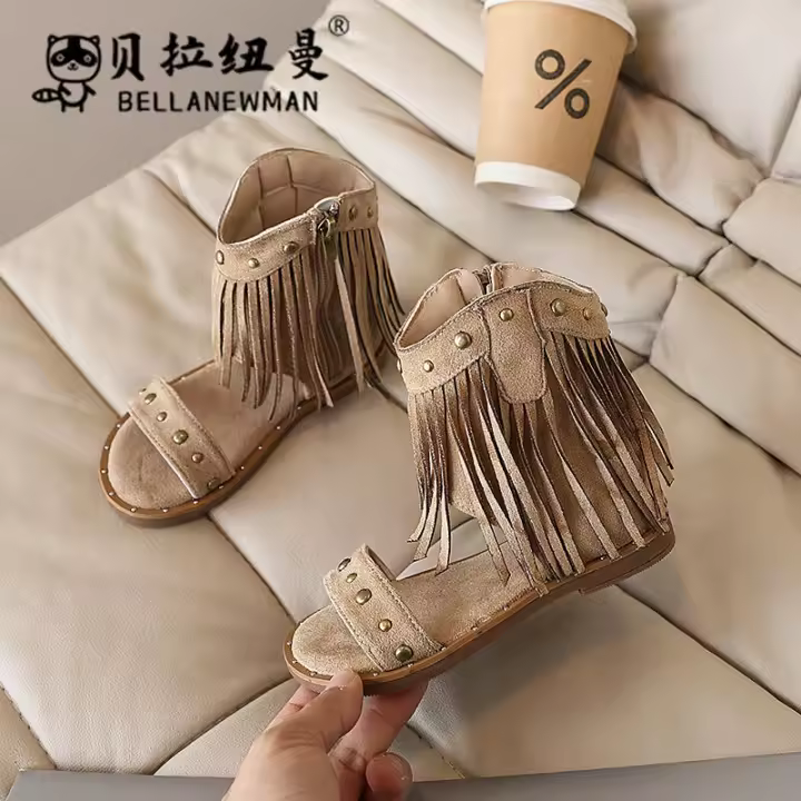 Sandalias de verano para niñas, estilo moderno con una sola tira y borlas. - 1