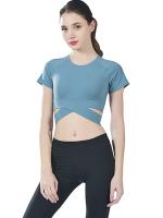 Tops cortos cruzados para mujer, camisa deportiva de manga corta para Yoga, color azul - details 2