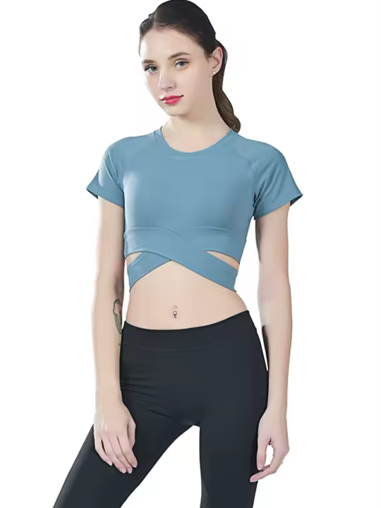 Tops cortos cruzados para mujer, camisa deportiva de manga corta para Yoga, color azul - 1