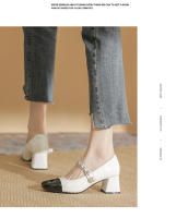 Zapatos Mary Jane de tacón alto de 5 cm, color negro y blanco a juego, punta cuadrada, de cuero francés. - details 10